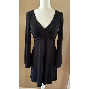 Cache Criss Cross V-neck Little Black Dress with Pleated Bell Sleeve Detail, 8